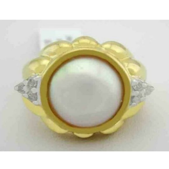 Genuine Mabe Pearl & Diamonds Ring 14k Yellow Gold